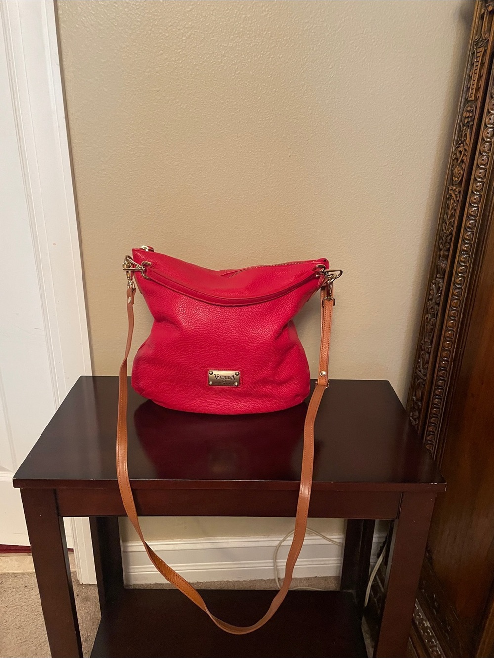 Valentina Red Shoulder Bag with Tan Strap